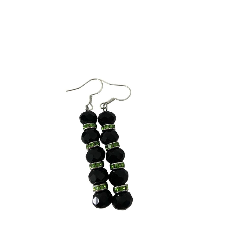 black bead earrings with green rhinestone